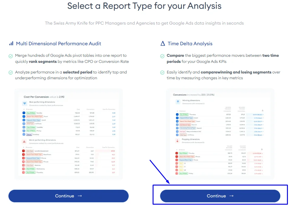 AdsFlash - Google ads - ad performance over time report with time delta analysis