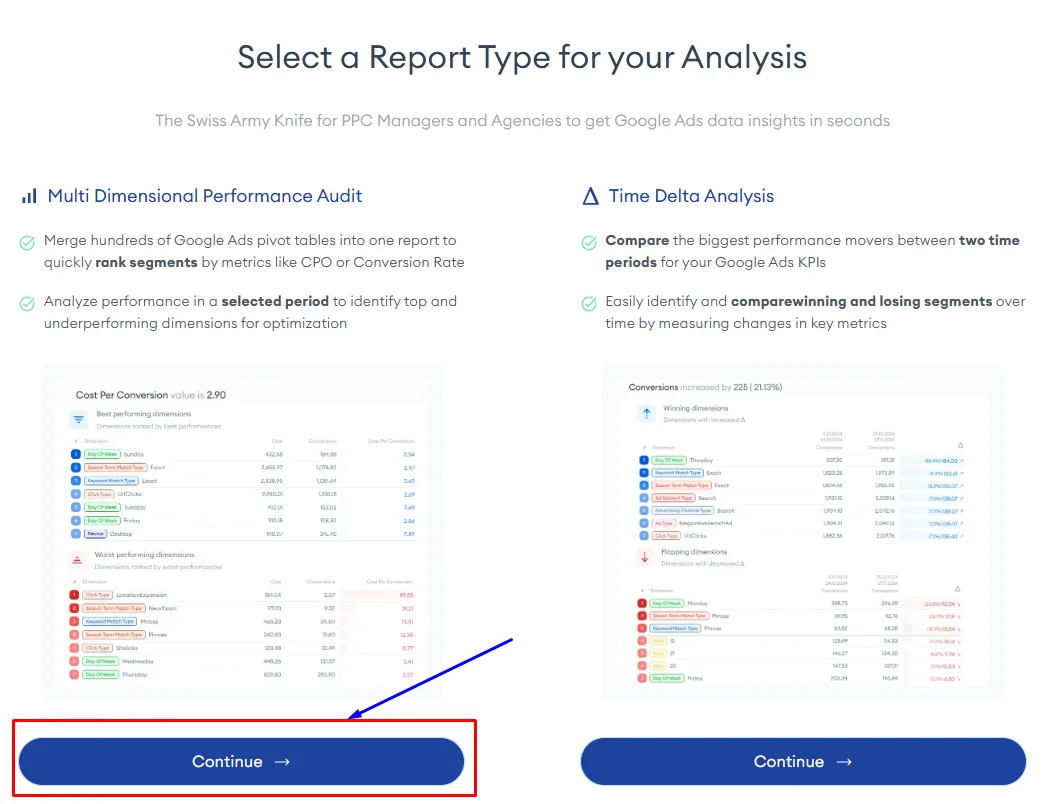 AdsFlash easy Google Ads reports multidimensional report step 1