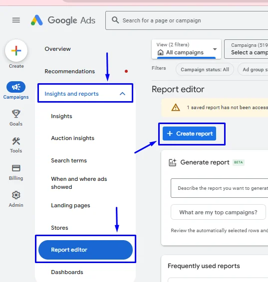 Google Ads creating a custom report